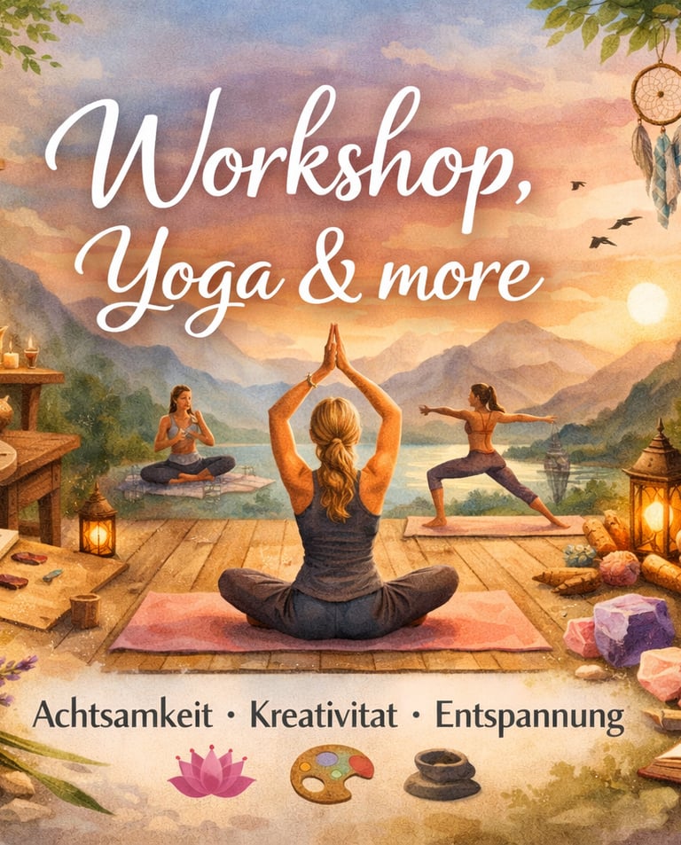 Wellness retreat illustration featuring a pottery workshop, yoga poses, and meditation at sunset.
