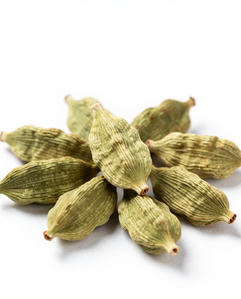 Whole cardamom pods spilling out of a small rustic bowl on a linen cloth