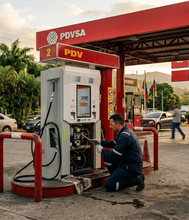 Técnico de Petrosur C.A. realizando mantenimiento y reparación de surtidor dispensador en estación