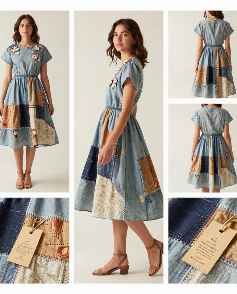 A model wearing a flowy, upcycled dress in a sunlit field, embodying effortless style.