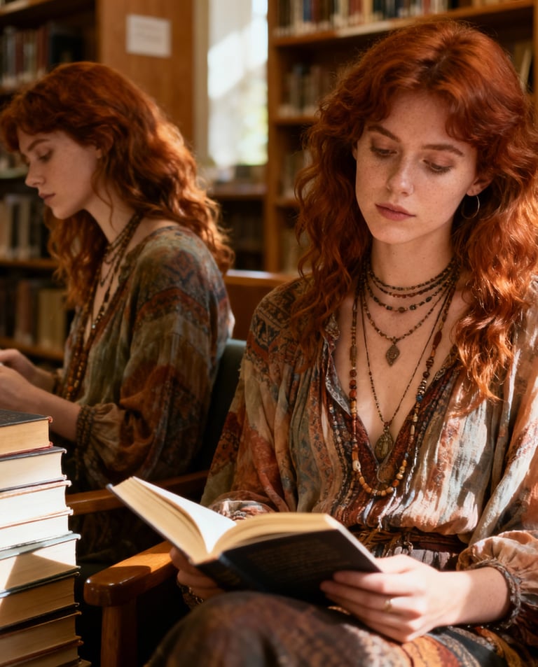 Ophelia Summers with curly red hair and layered bohemian necklaces reading surrounded by stacked ant