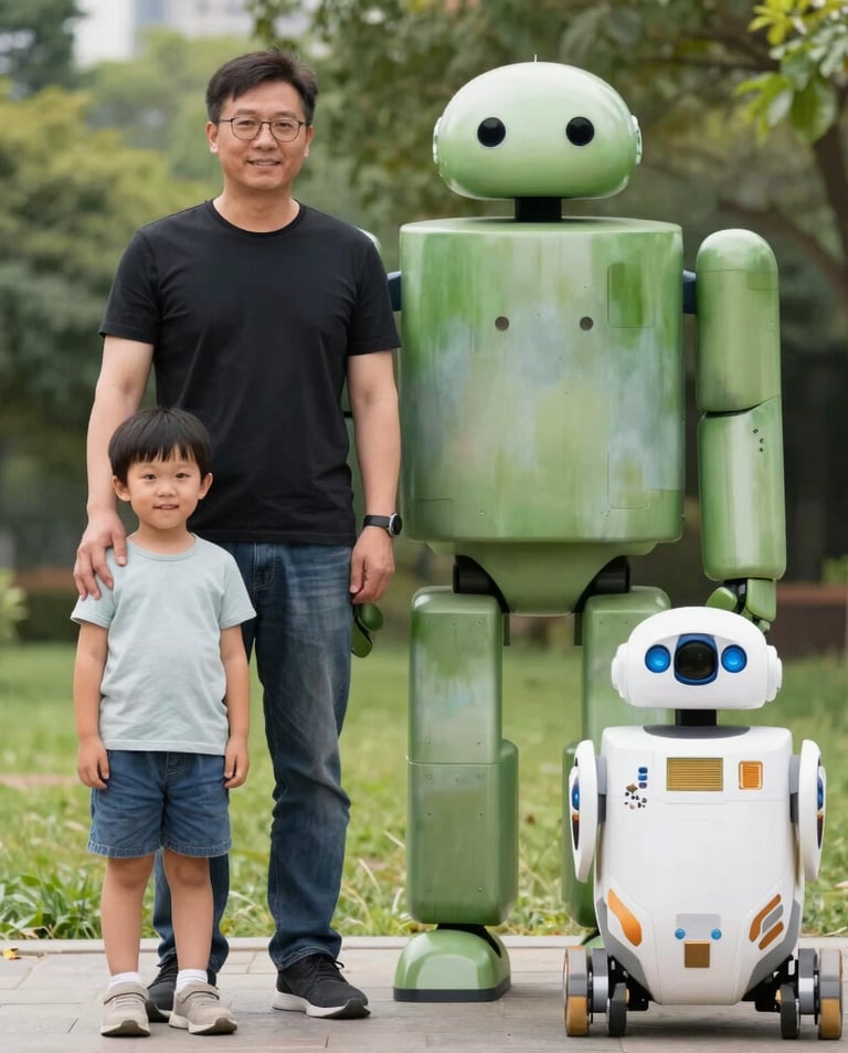 A human father and child next to a Robot father and child