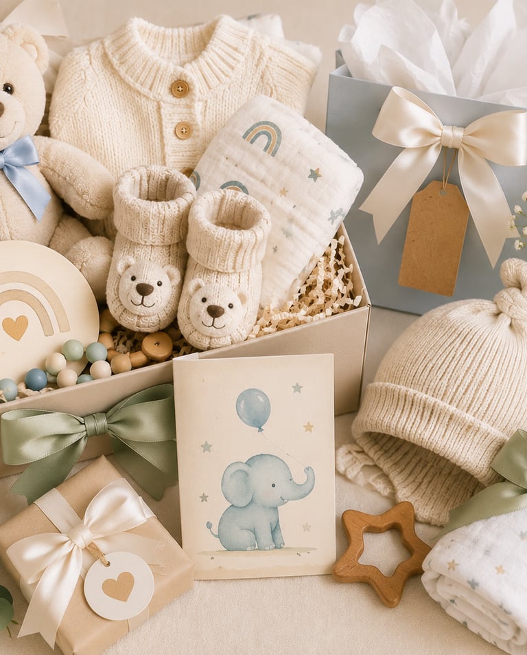 Newborn baby gift box with a plush teddy bear, knitted sweater, booties, and accessories in neutral tones.