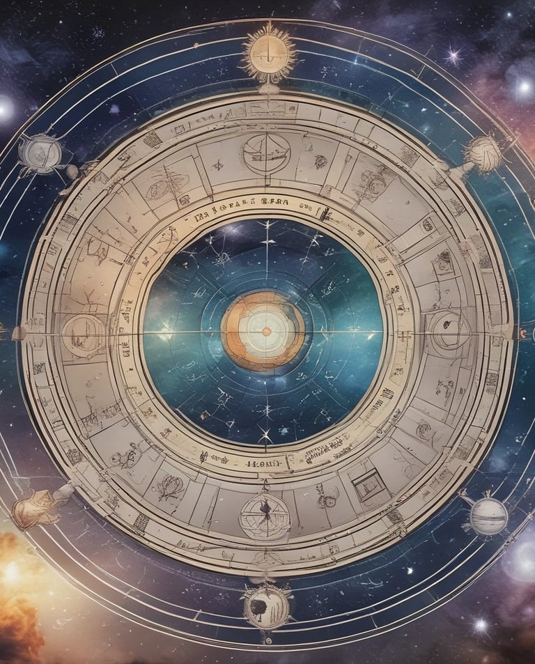 A peaceful scene of an astrology chart drawn on parchment with natural elements around.