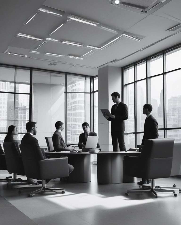 A warm office scene with a team discussing financial documents and smiling.