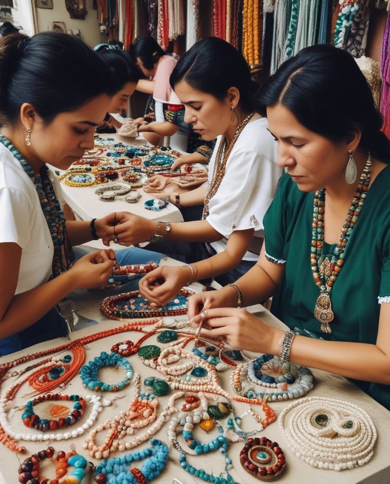 Mujeres mexicanas en trabajo artesanal de macramé.