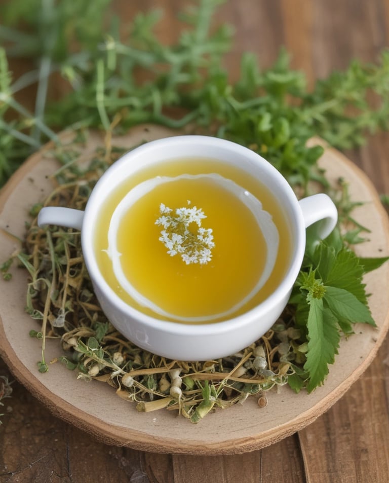 Heart-shaped reusable tea infuser resting on a wooden tray with loose herbal leaves
