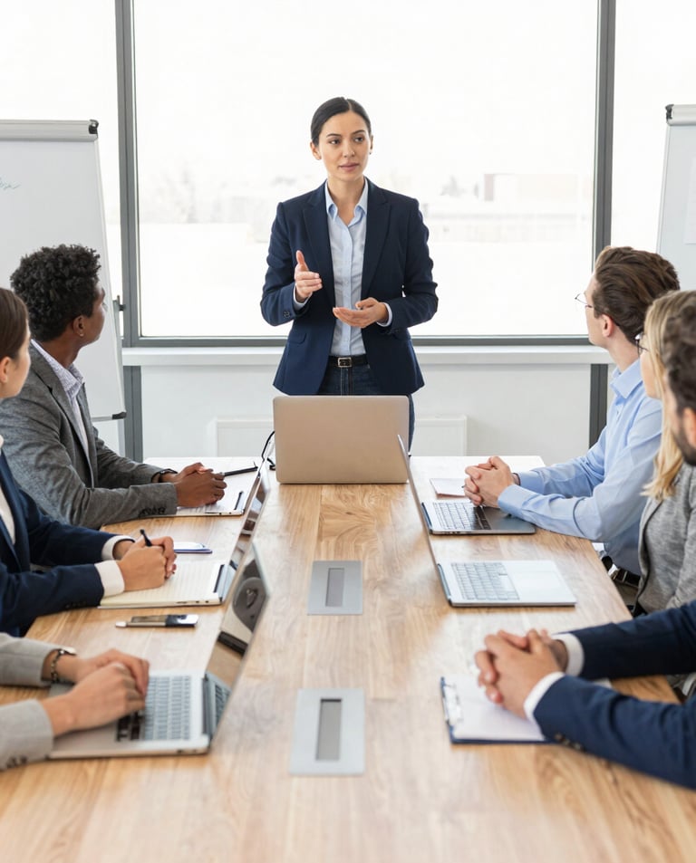 A candid photo of the NextGen AMC leadership team collaborating around a conference table in a bright, modern office.