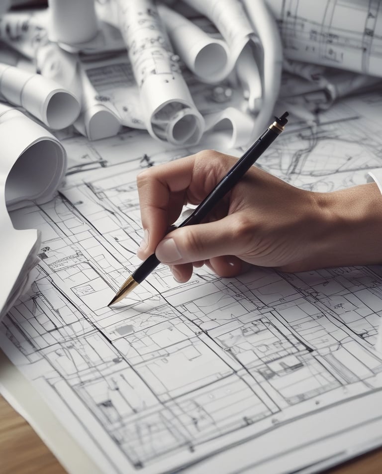 Engineer reviewing technical blueprints on a construction site with industrial equipment in the background.