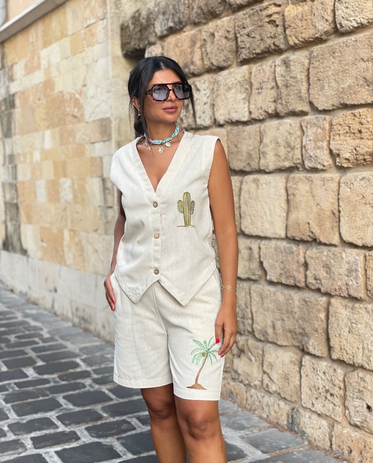 Catching sunset in our Linen Cactus Embroidered short set
