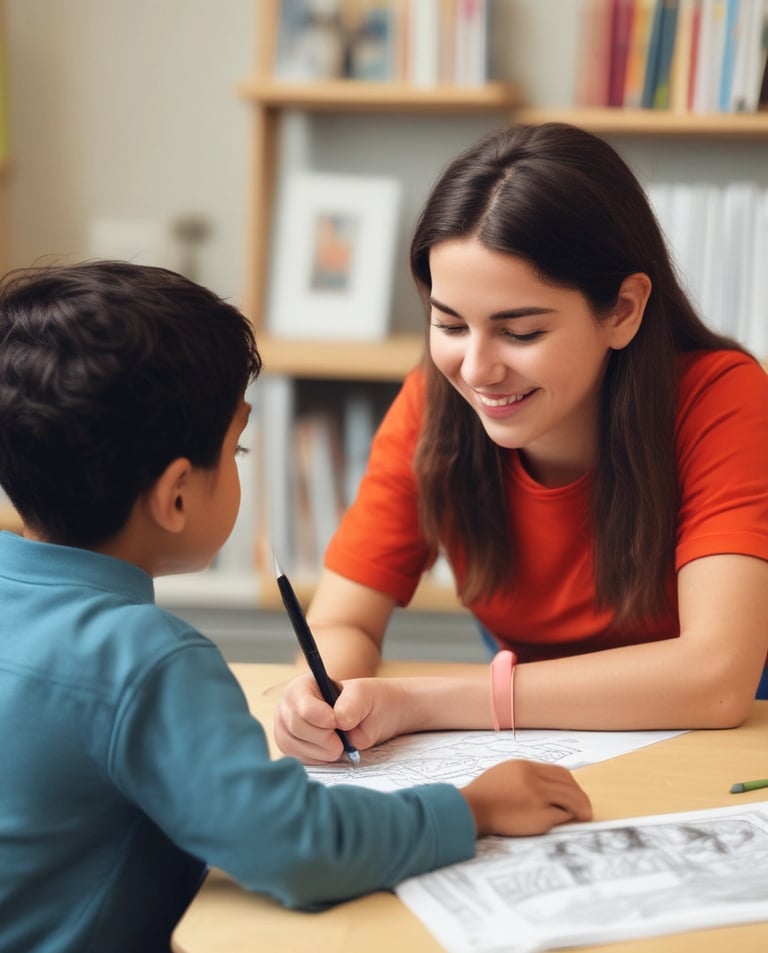 A thoughtful therapist engaging with children in a serene, supportive environment.