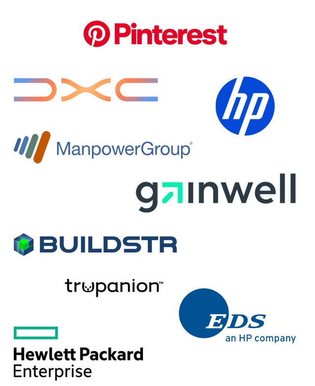 Collection of corporate logos including Pinterest, HP, DXC, ManpowerGroup, Gainwell, and Hewlett Packard Enterprise.