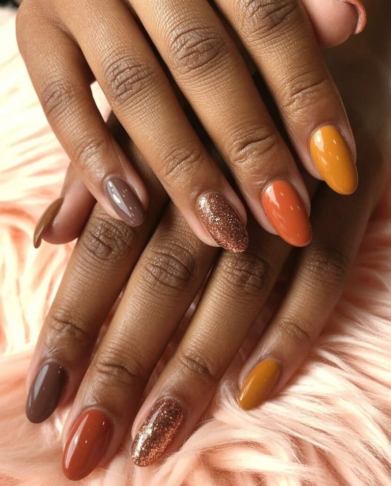 Glossy multicolor fall nails featuring chocolate brown, burnt orange, mustard yellow, and bronze gli