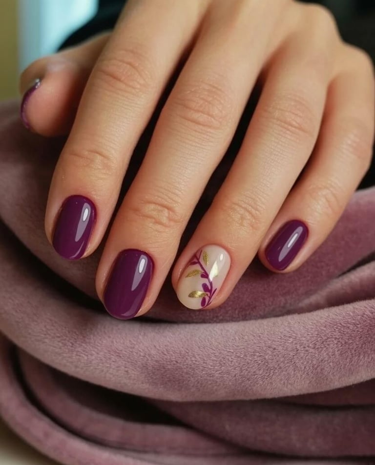 Short plum-coloured fall nails with an accent nail featuring delicate floral design.