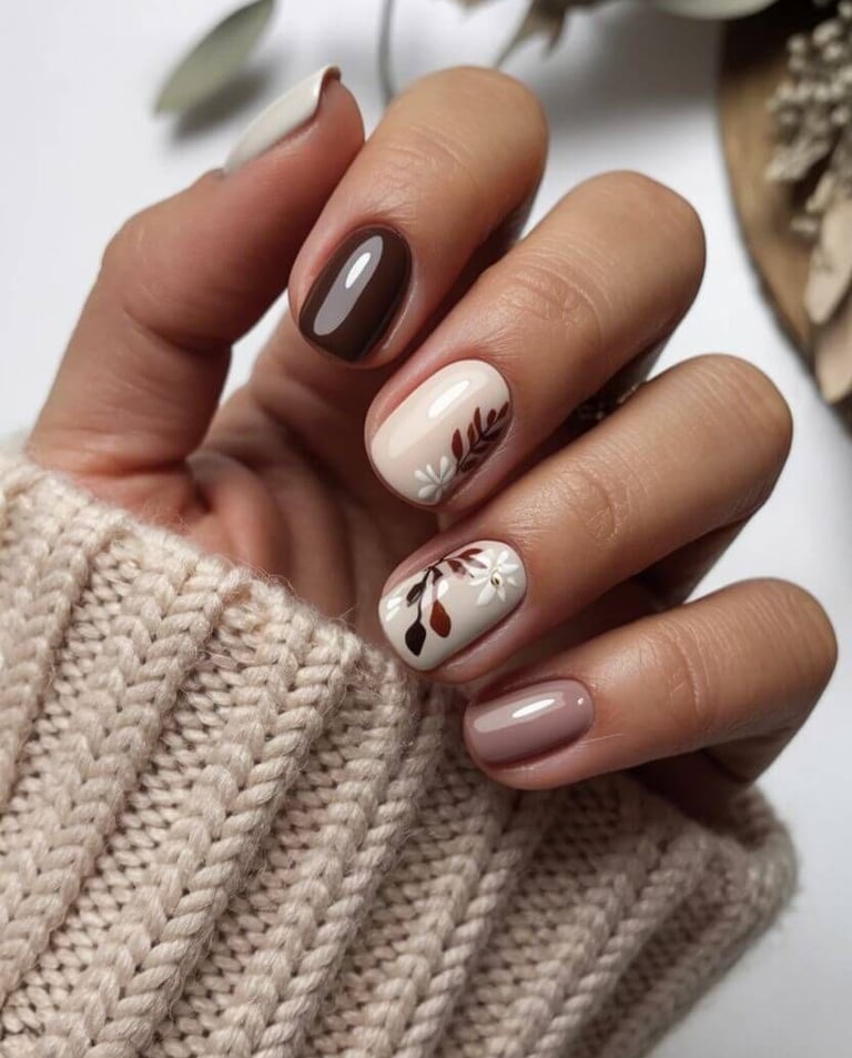 Brown and nude fall nails with fine leaf art details on a short, rounded manicure.