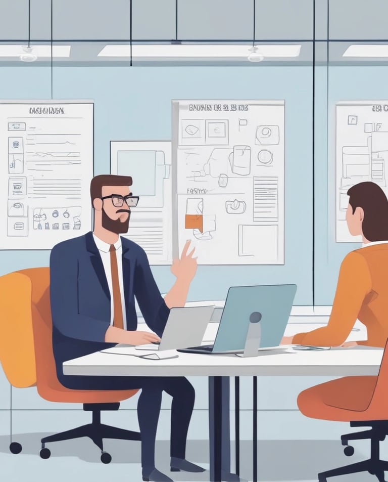 A professional working on a laptop in a modern office environment.