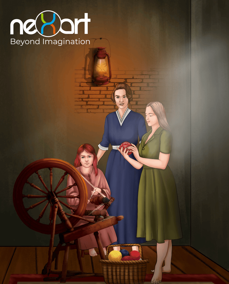 realism art showing women, girl and a child, using spinning wheel