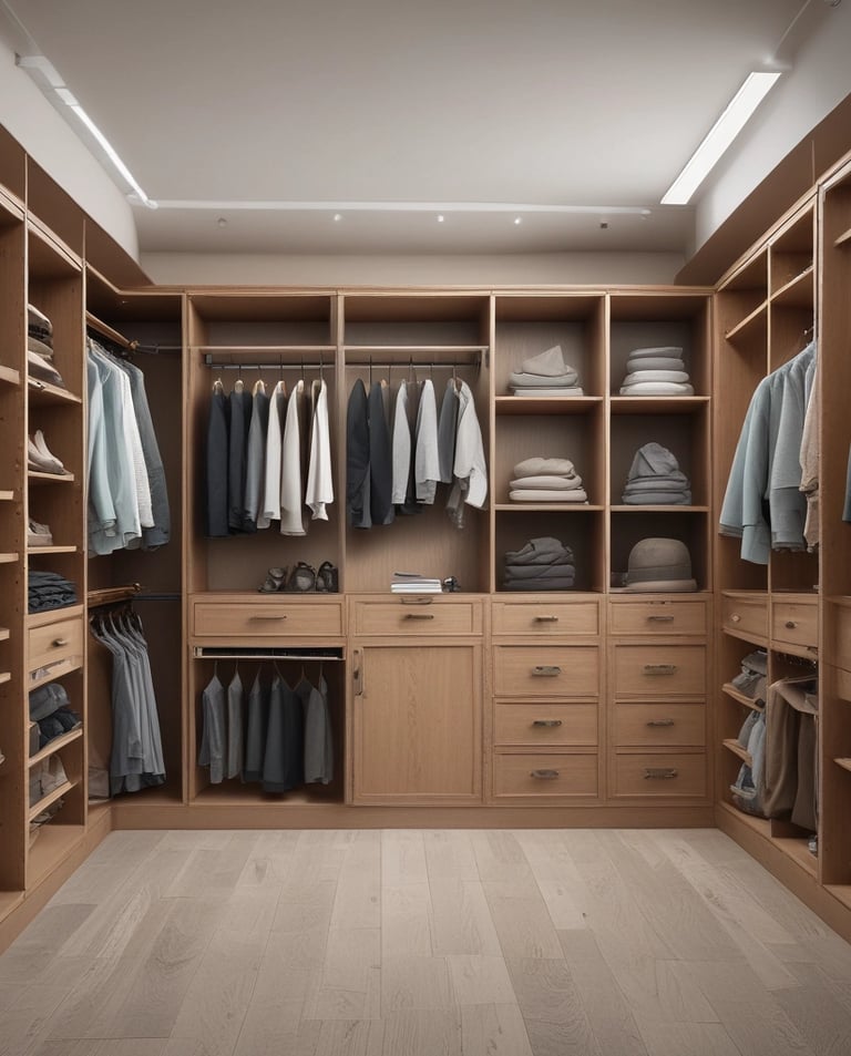 A modern kitchen with sleek wooden cabinetry and stainless steel appliances. The room features a center island with stools, a hanging light fixture, and ample natural light from large windows. Shelving displays various food and beverage items.