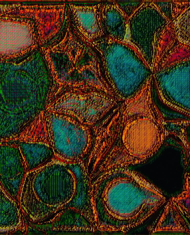 Abstract digital art with compartments of deep colorful hues by Fermionne.