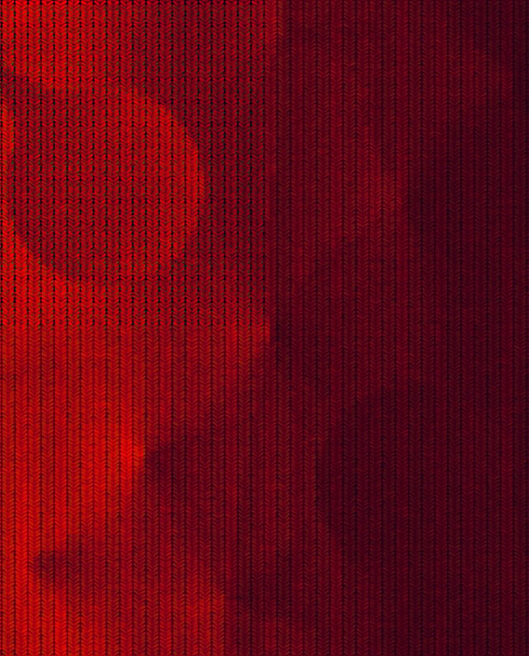 Scarlet red knitted fabric with various lenses pushing & pulling. Abstract digital art by Fermionne.