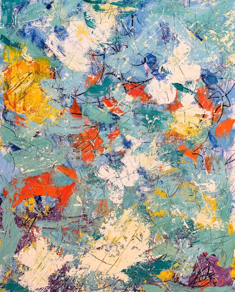 A colorful abstract expressionist painting featuring energetic blue, orange, and white brushstrokes.