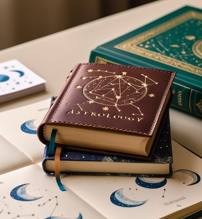 A small, leather-bound astrology book, adorned with celestial symbols, rests atop an open journal fe