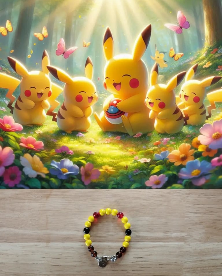 Plusieurs Pikachu sourient et le bracelet aux couleurs de Pikachu en bas