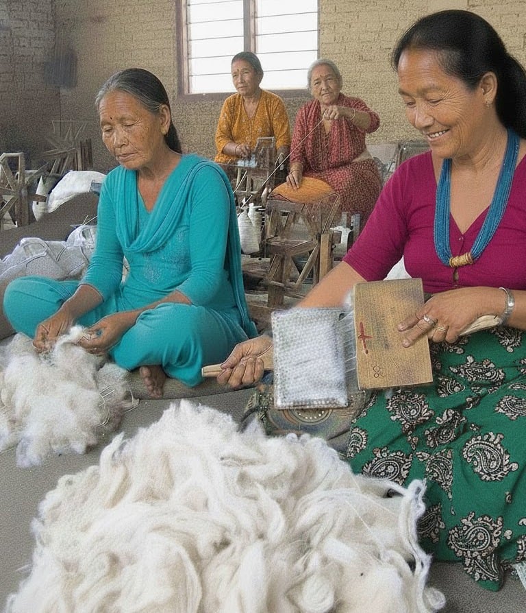 Hand carding Tibetan wool for fine, soft, and high-quality yarn used in handmade carpets.