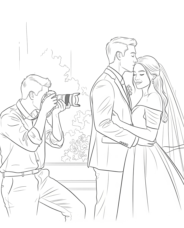 Γραμμική απεικόνιση ενός φωτογράφου που τραβάει μια φωτογραφία ενός ζευγαριού στο γάμο του.