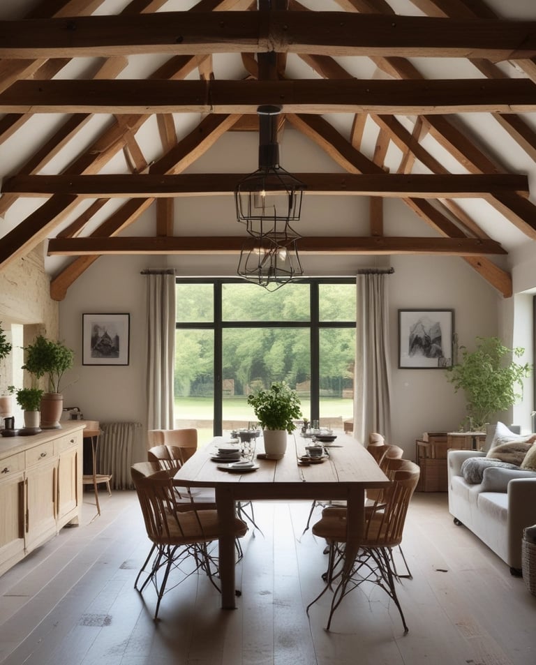 dining room in house with beams