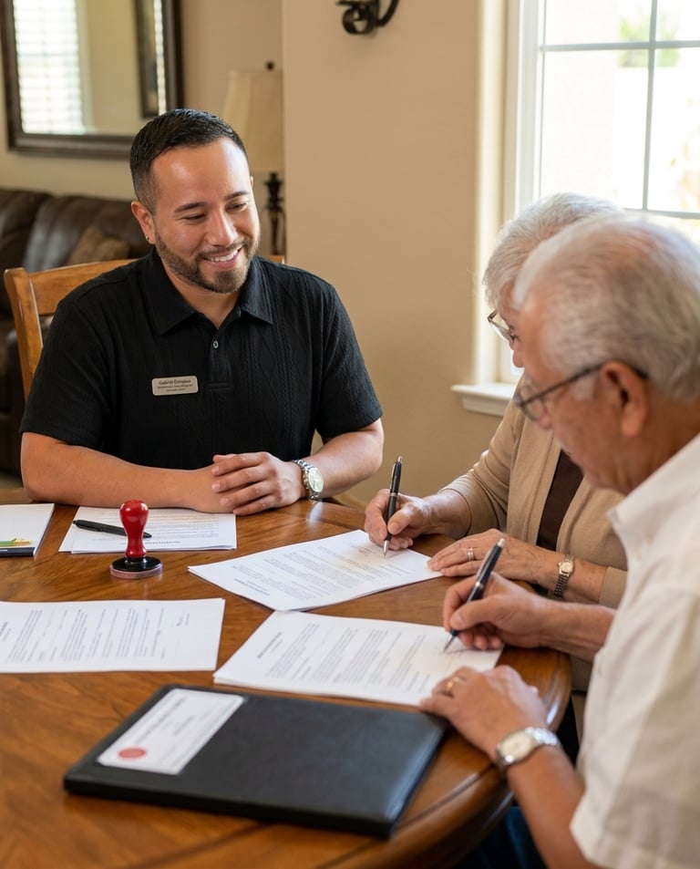 A smiling professional notary assisting a senior couple with signing legal documents at a table.