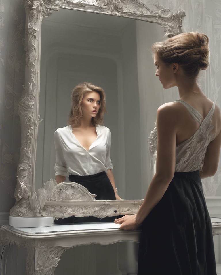 a woman standing in front of a mirror