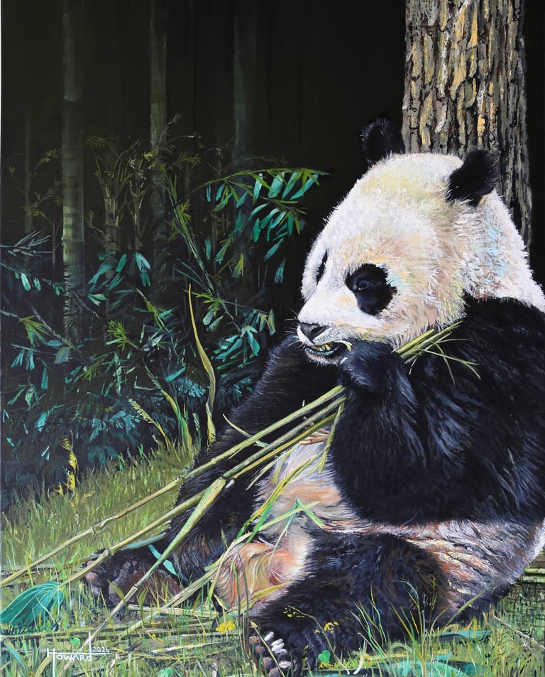 Endangered Panda eating bamboo. Oil Painting