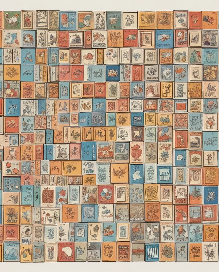 A collection of colorful toys arranged on a white surface, including wooden blocks, a sock monkey, toy cars, a Rubik's cube, train pieces, LEGO bricks, a green ring, a miniature traffic cone, a lollipop toy, and small figurines.