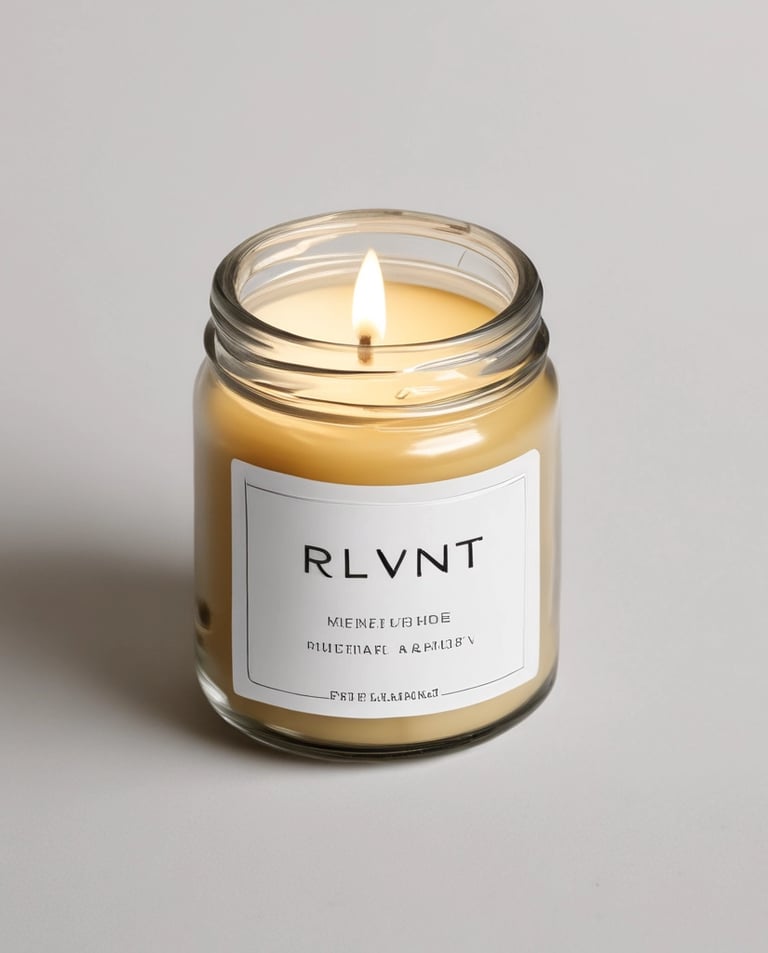 A lit candle in a sleek jar, casting a warm glow on a rustic wooden shelf.