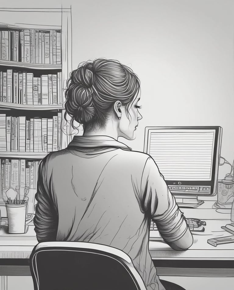 Heidi Bess sketching colorful characters in her cozy home studio filled with children's books.