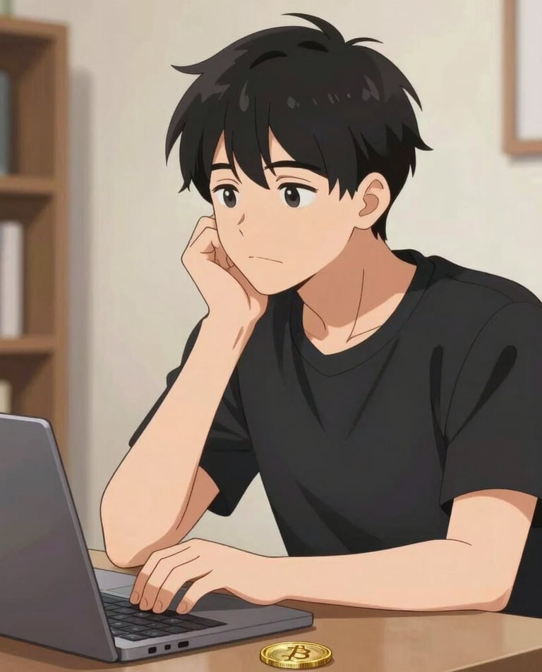 A thoughtful person working on a laptop surrounded by books on philosophy and AI concepts.