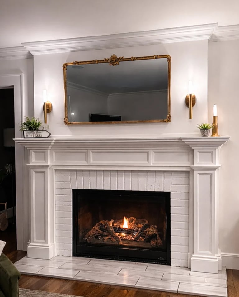Completed custom white fireplace mantel in Monmouth County NJ