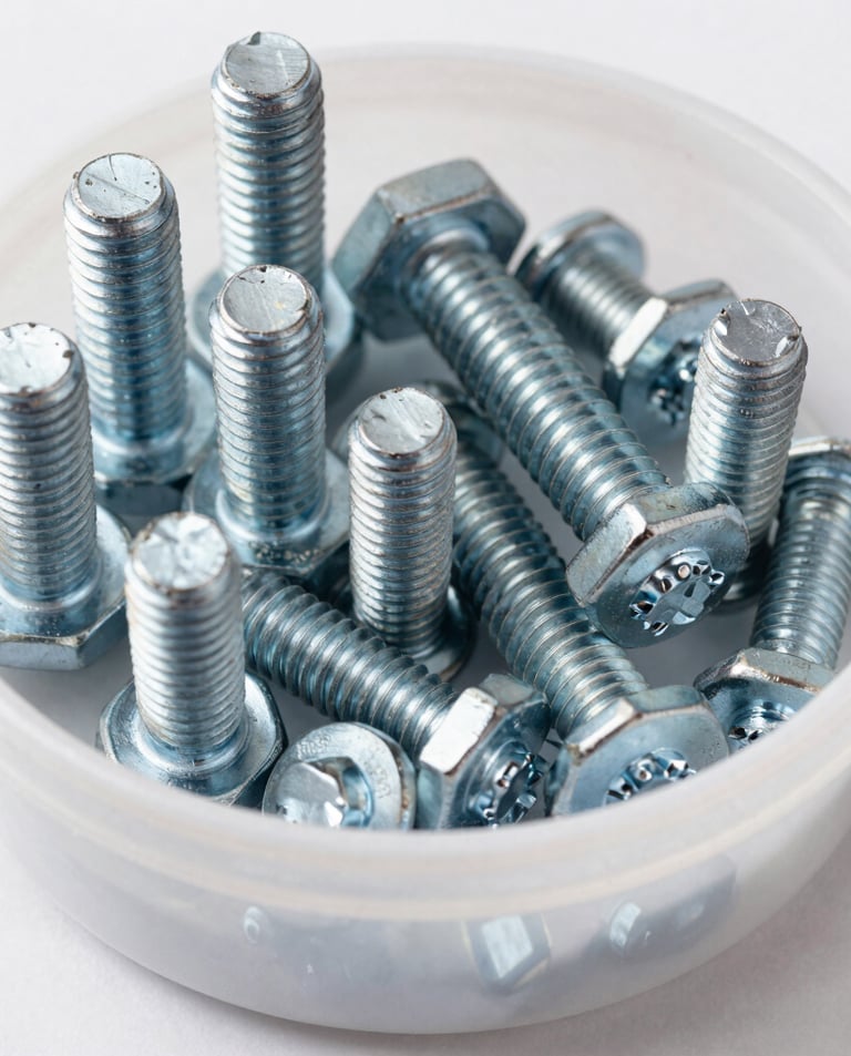 Assorted nuts and washers in a small container ready for use.