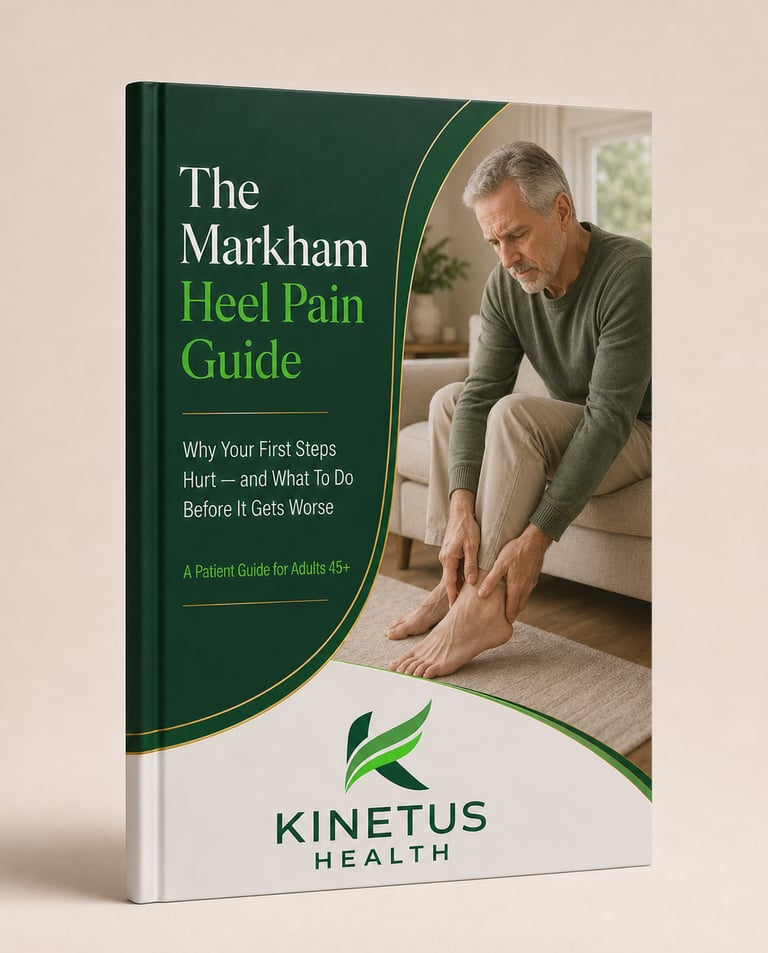 3D mockup of The Markham Heel Pain Guide by Kinetus Health for adults with morning heel pain and pla