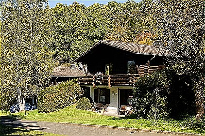 Een rustiek houten chalet met balkon, verscholen in een weelderige groene open plek in het bos.
