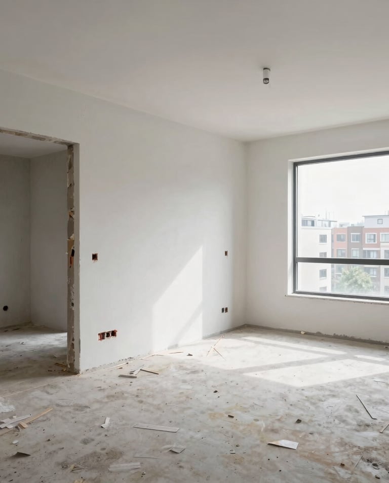 Team of skilled workers collaborating on a home renovation project in a bright, modern space.