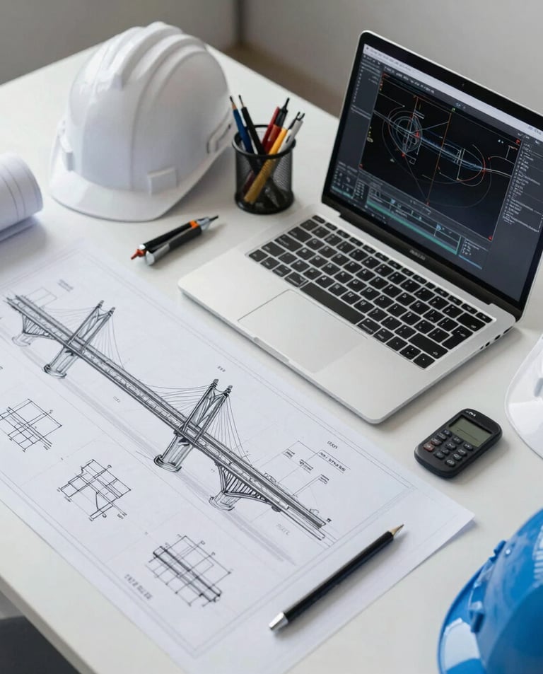 A panoramic view of a modern highway bridge under construction with cranes and engineers at work.