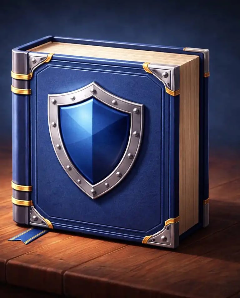 Illustrated book with shield symbol representing a cybersecurity glossary and digital protection terminology guide