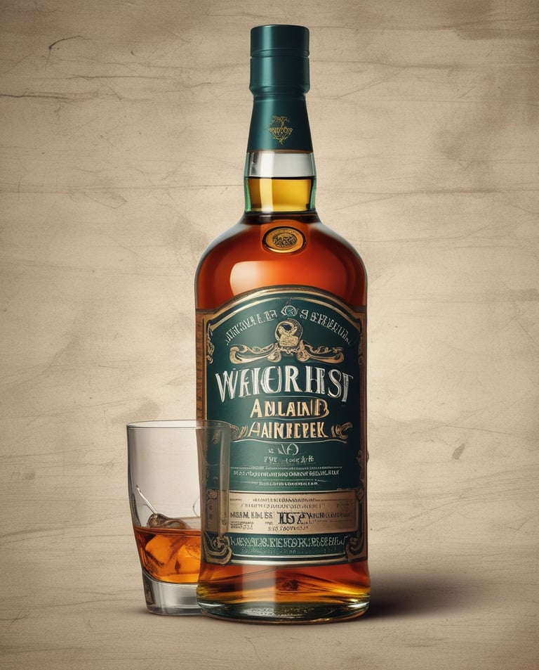 A sleek bottle of bourbon whiskey with a glass of whiskey on the rocks beside it