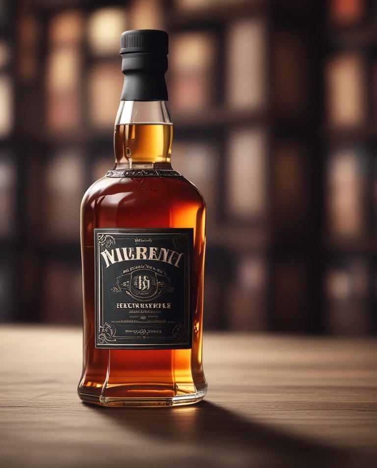 A sleek bottle of bourbon whiskey with a glass of whiskey on the rocks beside it