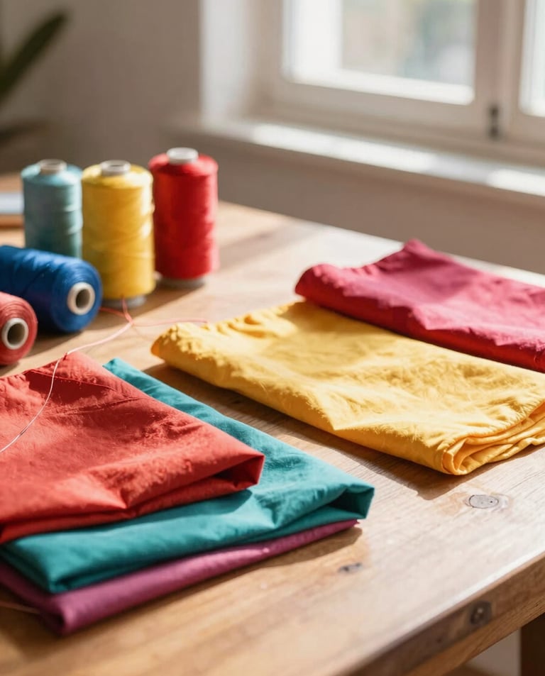 Telas de lino coloridas dobladas y carretes de hilo de coser, sobre una mesa para manualides