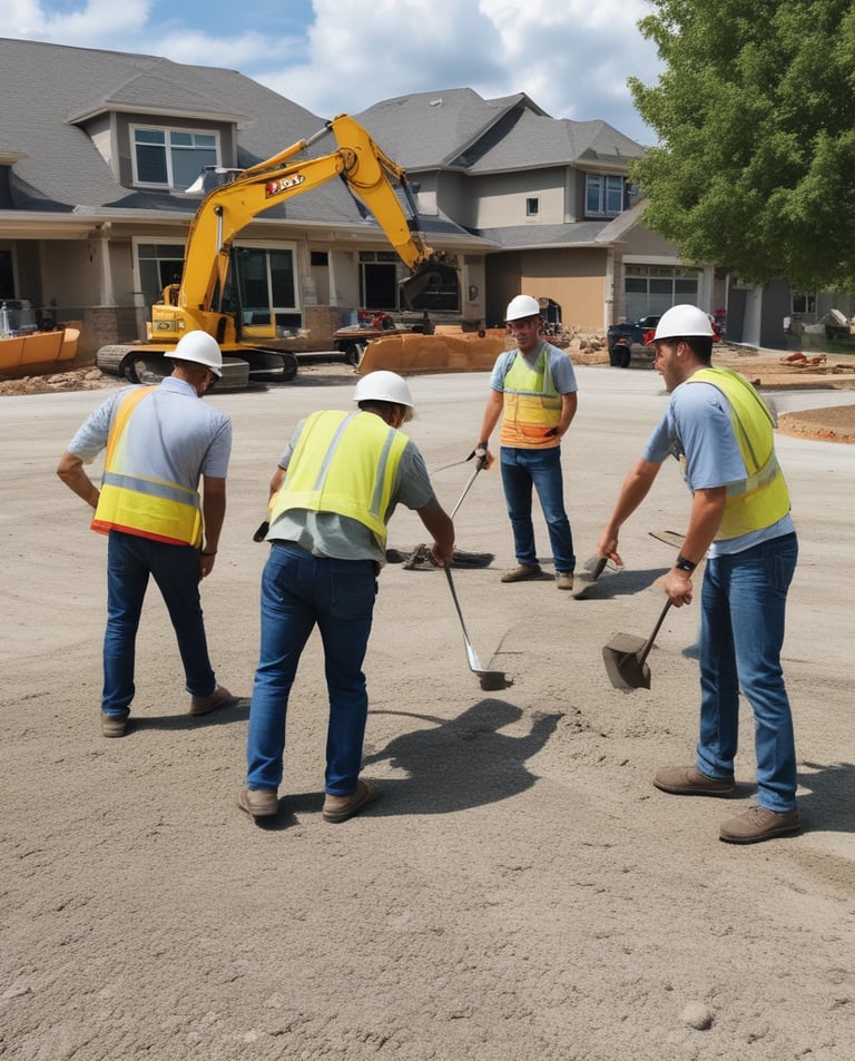 A group of drives4u employees collaborating outdoors near stacks of driveway materials on a sunny day.