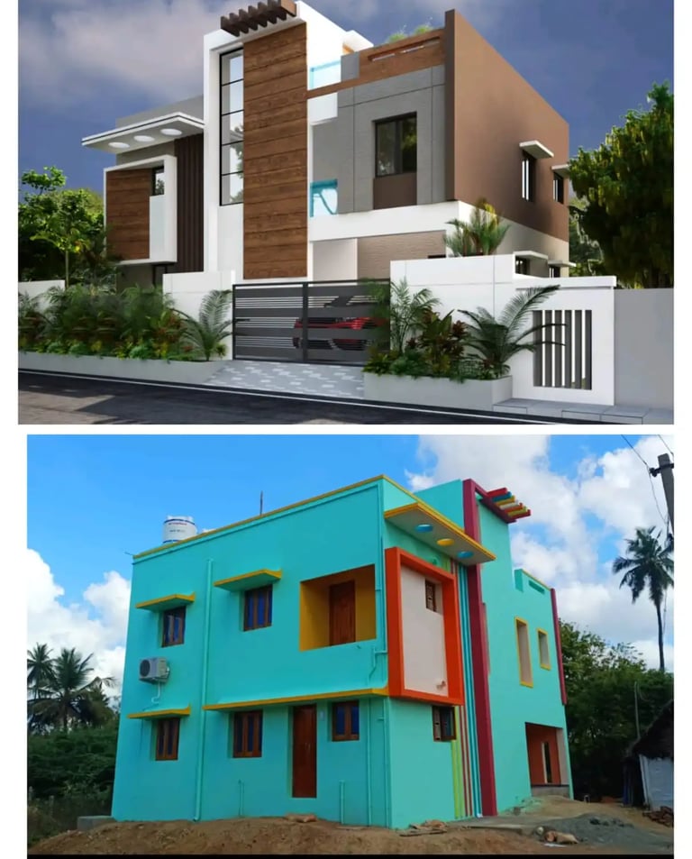 Comparison of a modern luxury villa 3D design and a colorful two-story residential house. in chennai