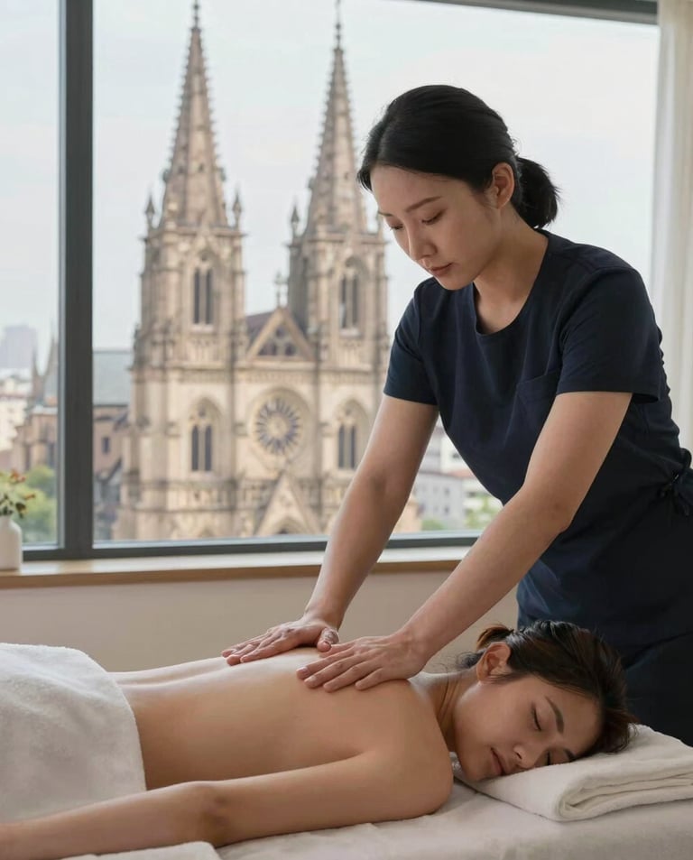 Luxurious massage room overlooking the Burj Khalifa at sunset.